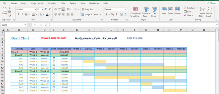 فایل اکسل گانت چارت Gantt Chart برنامه زمانبندی پروژه project time schedule مدیریت و کنترل پروژه project management project control